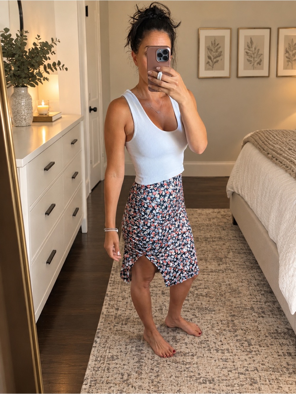 SHEIN Black Floral Wrap Midi Skirt with Pink & White Accents